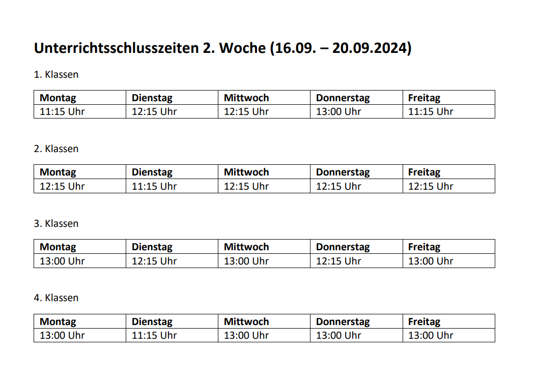 Unterrichtszeiten Woche 2